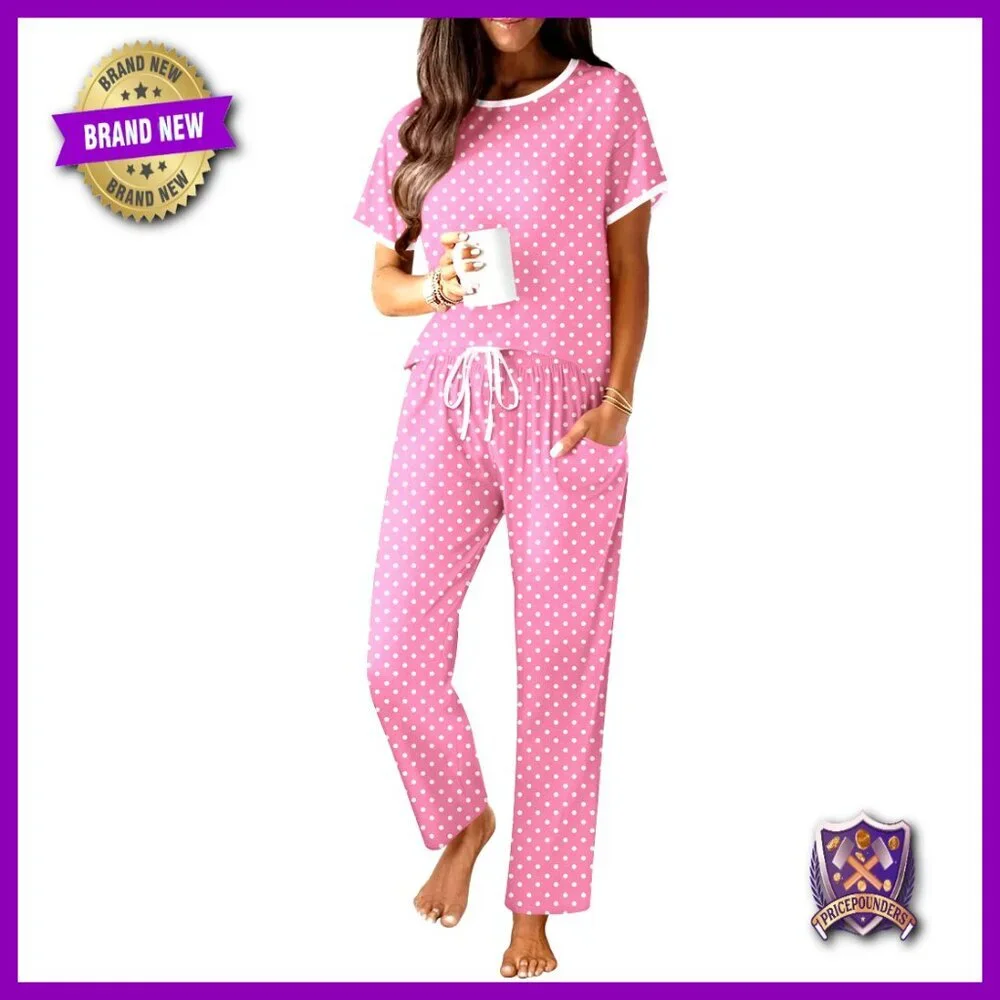 Women's 100% Cotton Pajama Set Short Sleeve Top Long Pants Lounge